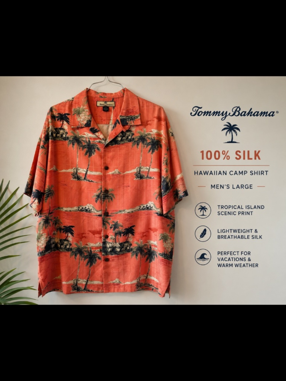 Tommy Bahama 100% Silk Hawaiian Camp Shirt Men’s Large Coral Tropical Island